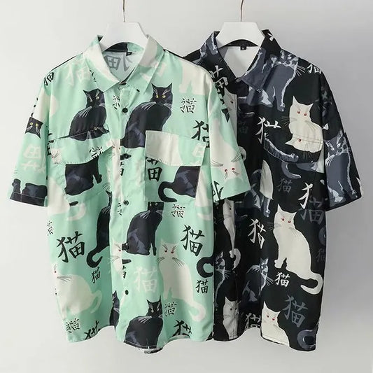 Summer high quality Mens Hawaiian Shirt 3D animal black cat Printed Short lapel Sleeve Big Size Hawaii Men Beach Floral Shirts
