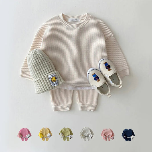 2023 Korean Baby Cotton Kintting Clothing Sets Mock Two-piece Waffle Cotton Kids Boys Girls Clothes Sets Tracksuit Tops+Pants
