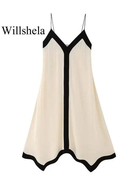 Willshela Women Fashion Patchwork Backless Loose Midi Dress Vintage Thin Straps V-Neck Female Chic Lady Dresses