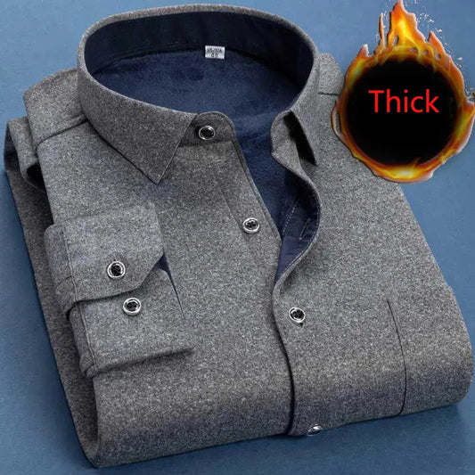 Autumn Winter Men Fleece Warm Shirt Fashion Solid Long Sleeve Business Shirt Plaid Thick Warm Shirts NS5517