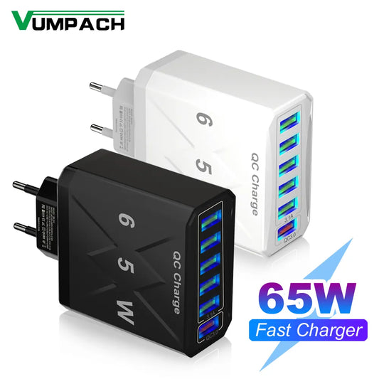 65W 6 Ports USB Charger Fast Charging QC3.0 Travel Charger For iPhone 14 Samsung Xiaomi Mobile Phone Adapter EU KR US UK Plug