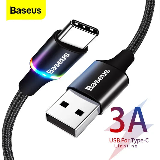 Baseus LED USB Type C Cable For Xiaomi 13 Redmi Realme POCO Fast Charging Wire Cord USB-C Charger Mobile Phone USBC Type-C Cable