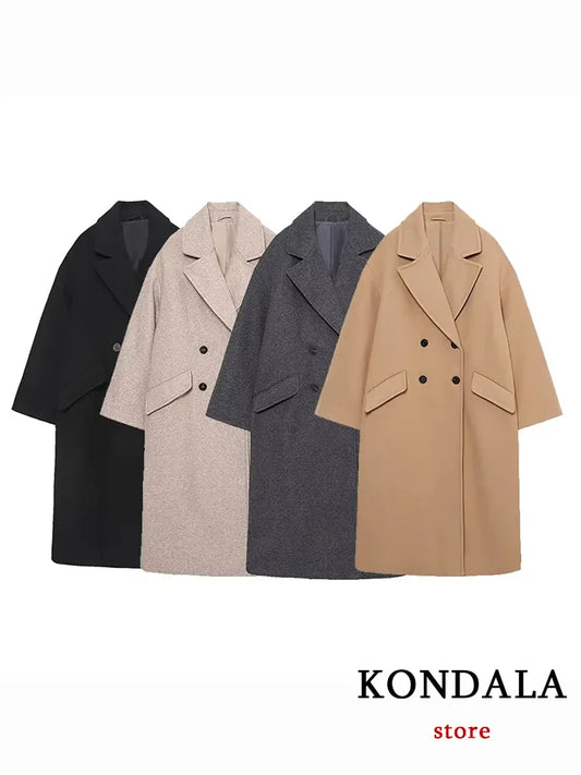 KONDALA Women Autumn Winter Thick Long Coats Vintage V Neck Long Sleeve Pockets Jackets Fashion 2023 Elegant Female Coats