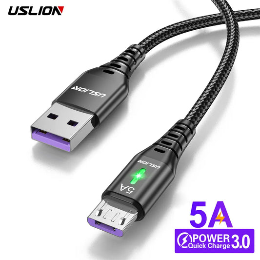 USLION 5A Micro USB Cable Fast Charging Mobile Phone Micro USB Wire cord For Xiaomi Android LED Lighting USB Charger Data Cable
