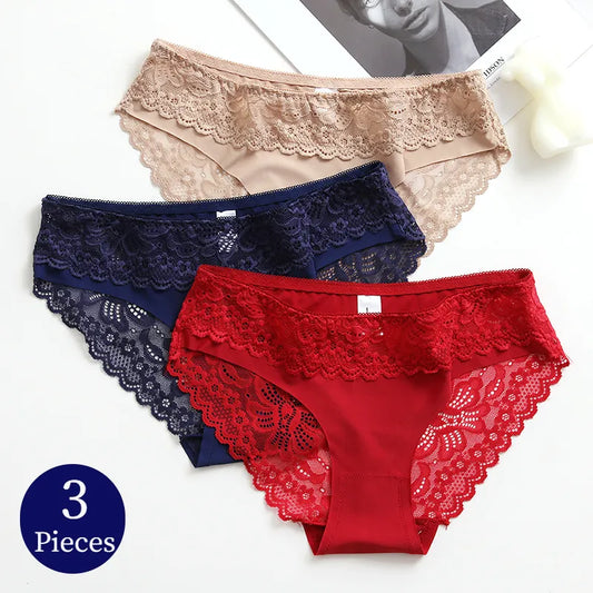 TrowBridge 3PCS/Set Women's Panties Lace Silk Satin Underwear Sexy Lingerie Soft Comfortable Female Briefs Sweet Cozy Underpants