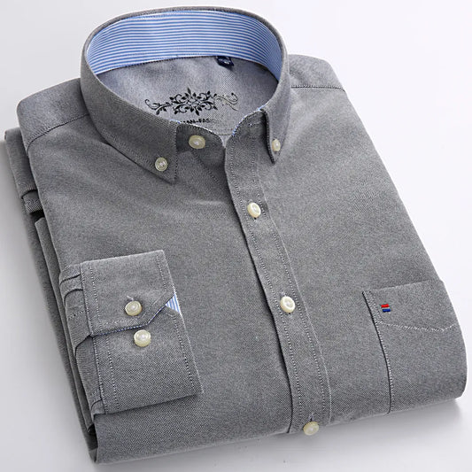 Men's Fashion Long Sleeve Solid Oxford Shirt Single Patch Pocket Simple Design Casual Standard-fit Button-down Collar Shirts