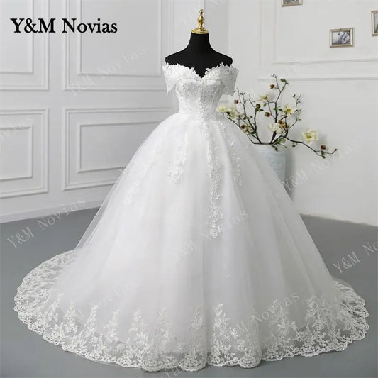 Y&M Novias Off Shoulder Plus Size Vestido De Noiva 2024 Wedding Dress Long Train or Floor Appliqes Pearls Bridal Tulle Mariage