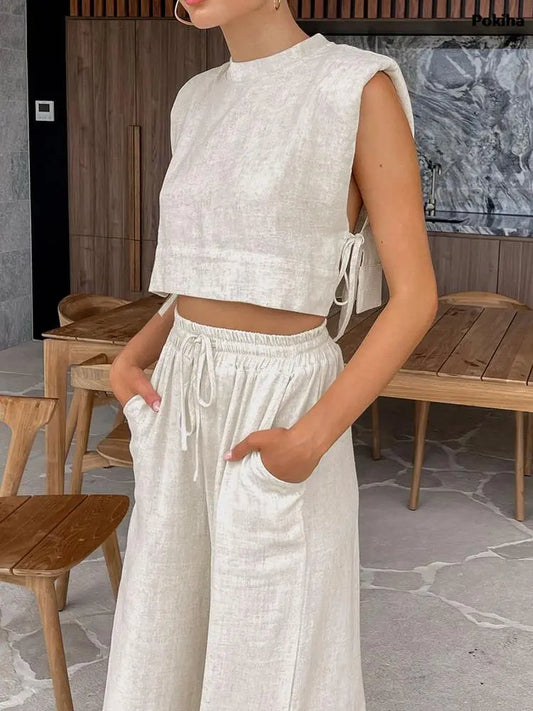 Summer 2023 Women Holiday Linen Pant Set Crop Tops Solid Outfits 2 Two Piece Matching Set For Women Sleeveless Casuals Fashion