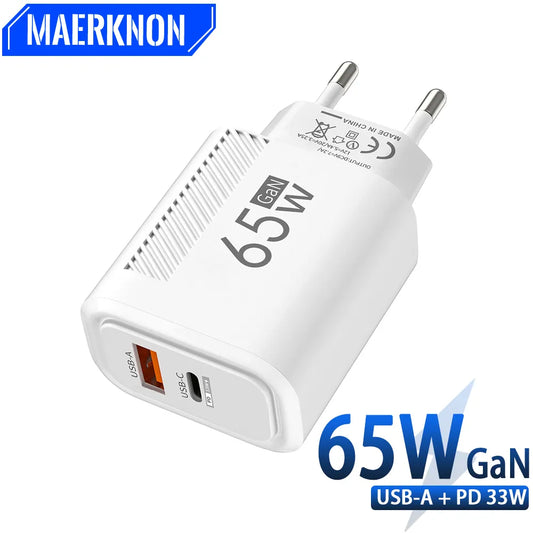 GaN Charger 65W USB C PD Type C Fast Charging Wall Adapter for iPhone 14 15 Xiaomi 13 Samsung Quick Charge Mobile Phone Charger