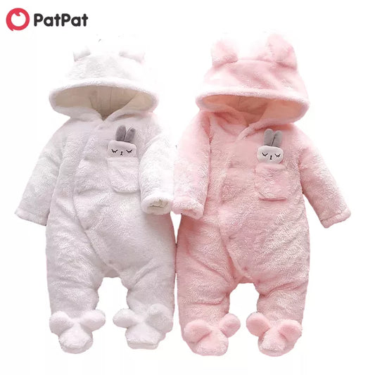 PatPat Winter Baby Clothes Baby Girls Baby Boys Unisex Solid Fleece Rabbit Hooded Footed / Footie Long-sleeve Baby Jumpsuit